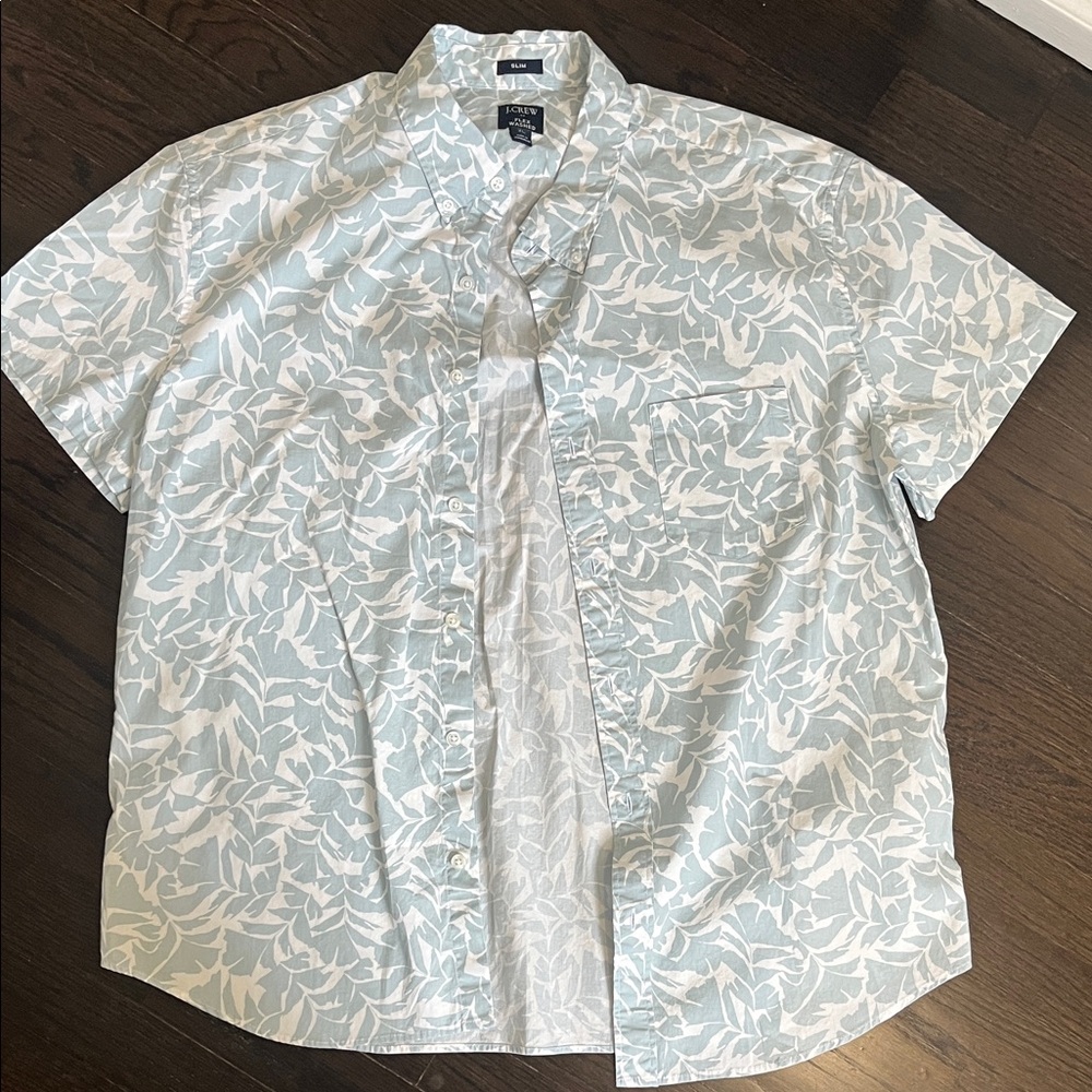 J. Crew Men's White and Light Blue Leaf Print Shirt